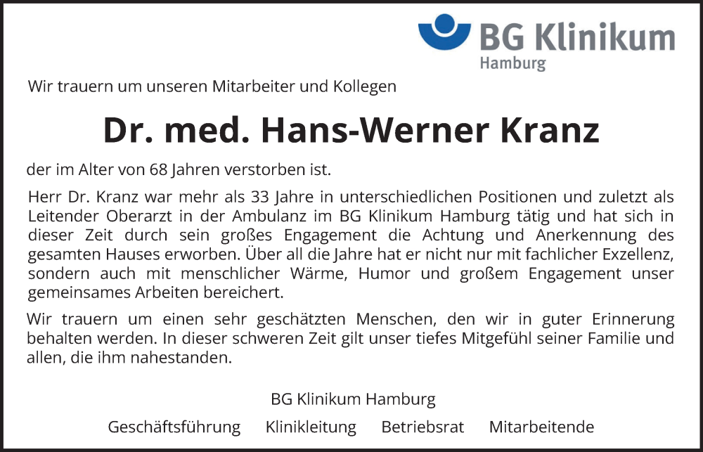  Traueranzeige für Hans-Werner Kranz vom 06.09.2025 aus Hamburger Abendblatt