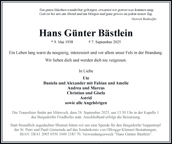 Traueranzeige von Hans Günter Bästlein von Bergedorfer Zeitung