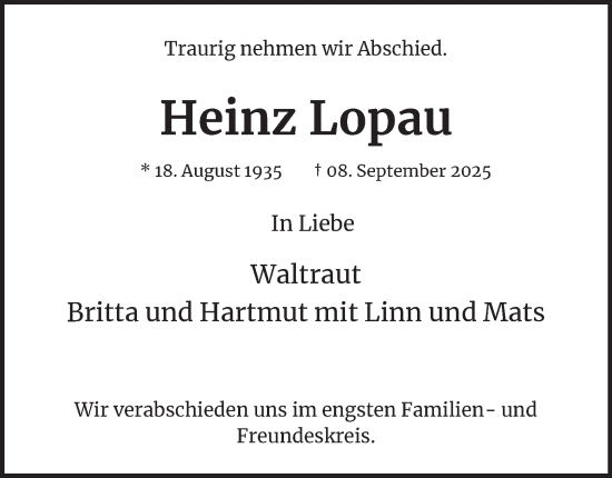 Traueranzeige von Heinz Lopau von Hamburger Abendblatt