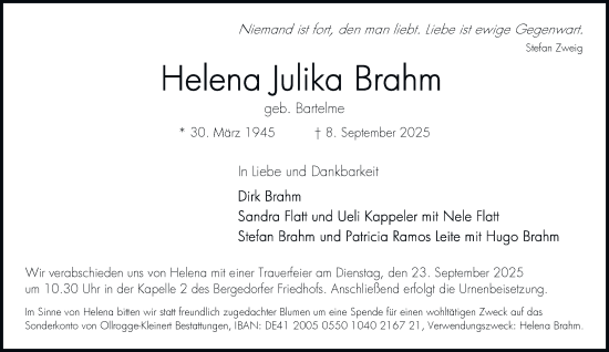 Traueranzeige von Helena Julika Brahm von Hamburger Abendblatt