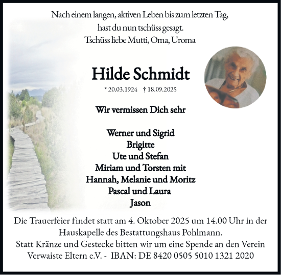 Traueranzeige von Hilde Schmidt von Hamburger Abendblatt