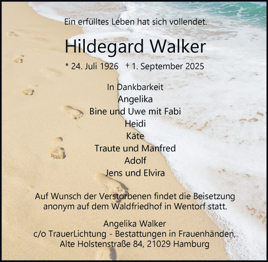 Traueranzeige von Hildegard Walker von Bergedorfer Zeitung