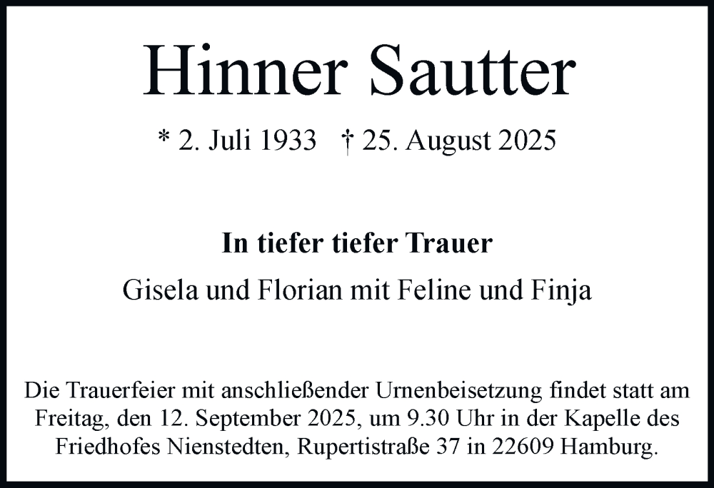  Traueranzeige für Hinner Sautter vom 06.09.2025 aus Hamburger Abendblatt
