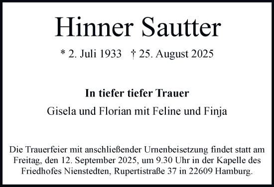 Traueranzeige von Hinner Sautter von Hamburger Abendblatt