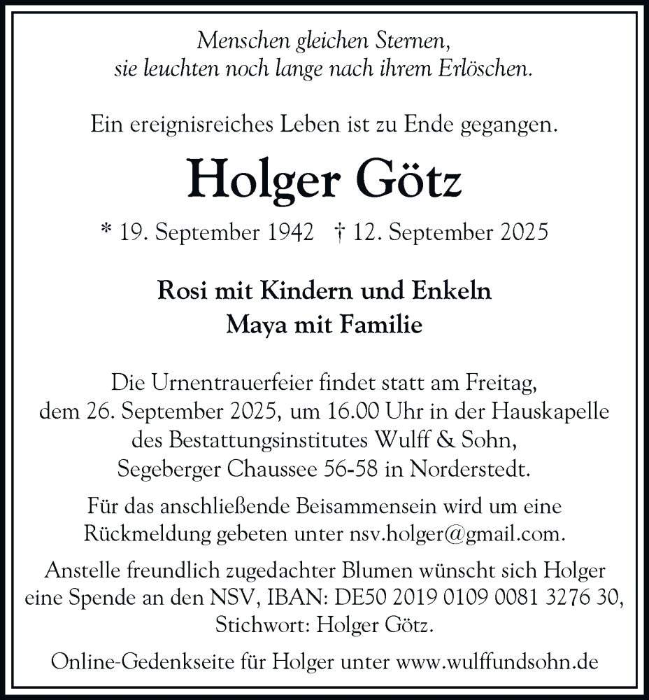  Traueranzeige für Holger Götz vom 20.09.2025 aus Hamburger Abendblatt