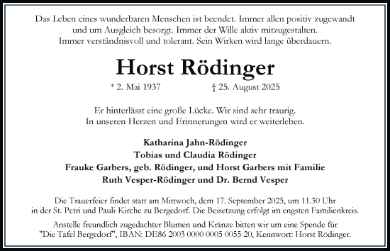 Traueranzeige von Horst Rödinger von Hamburger Abendblatt, Bergedorfer Zeitung