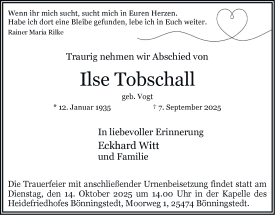 Traueranzeige von Ilse Tobschall 