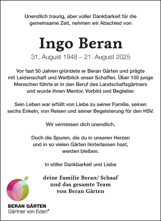 Traueranzeige von Ingo Beran von Hamburger Abendblatt