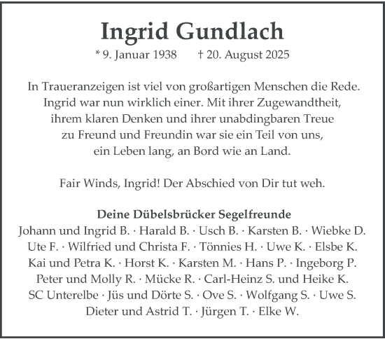 Traueranzeige von Ingrid Gundlach von Hamburger Abendblatt