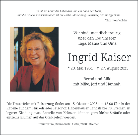 Traueranzeige von Ingrid Kaiser von Hamburger Abendblatt