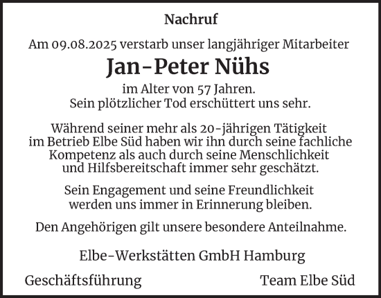 Traueranzeige von Jan-Peter Nühs von Hamburger Abendblatt