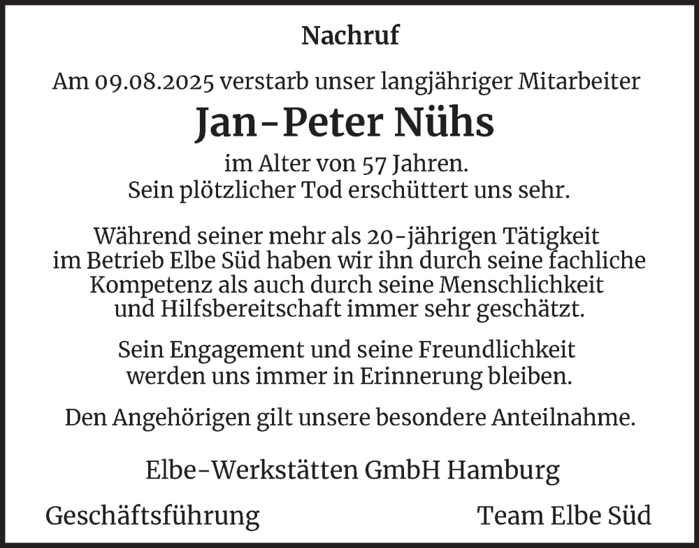  Traueranzeige für Jan-Peter Nühs vom 13.09.2025 aus Hamburger Abendblatt