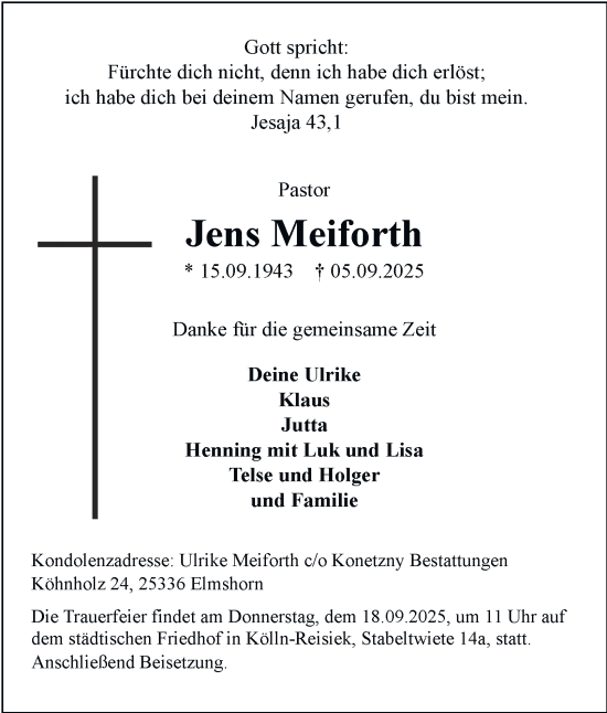 Traueranzeige von Jens Meiforth von HA Regio Norderstedt