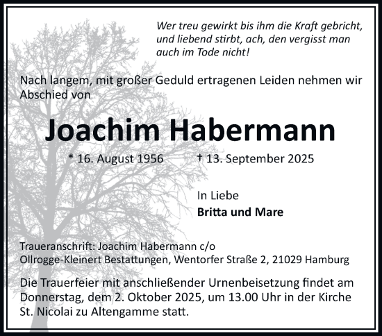 Traueranzeige von Joachim Habermann von Bergedorfer Zeitung