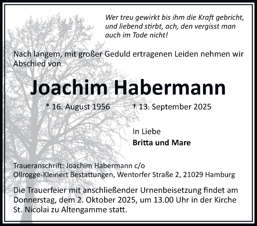  Traueranzeige für Joachim Habermann vom 27.09.2025 aus Bergedorfer Zeitung