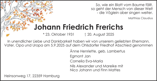 Traueranzeige von Johann Friedrich Frerichs von Hamburger Abendblatt