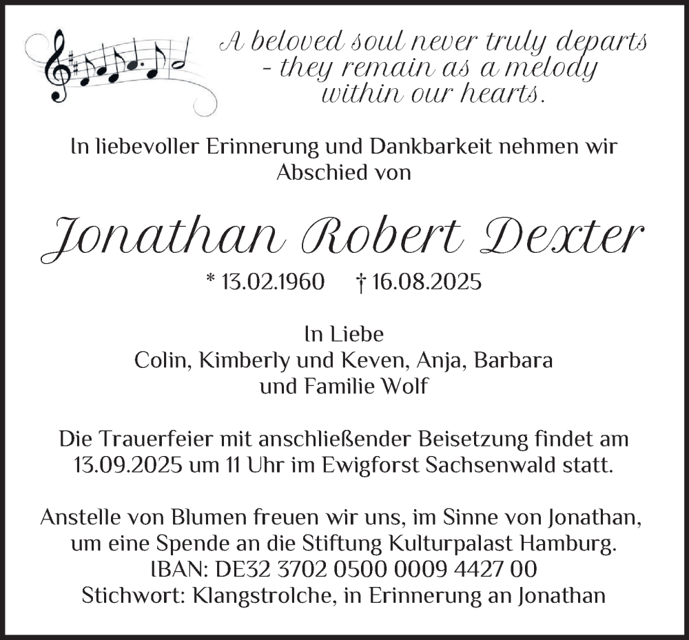  Traueranzeige für Jonathan Robert Dexter vom 06.09.2025 aus Hamburger Abendblatt