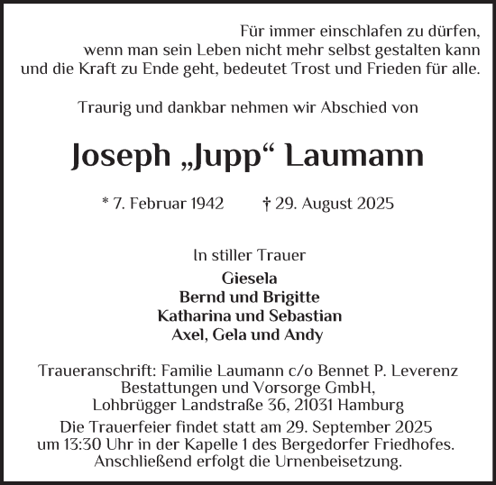 Traueranzeige von Joseph Laumann von Bergedorfer Zeitung
