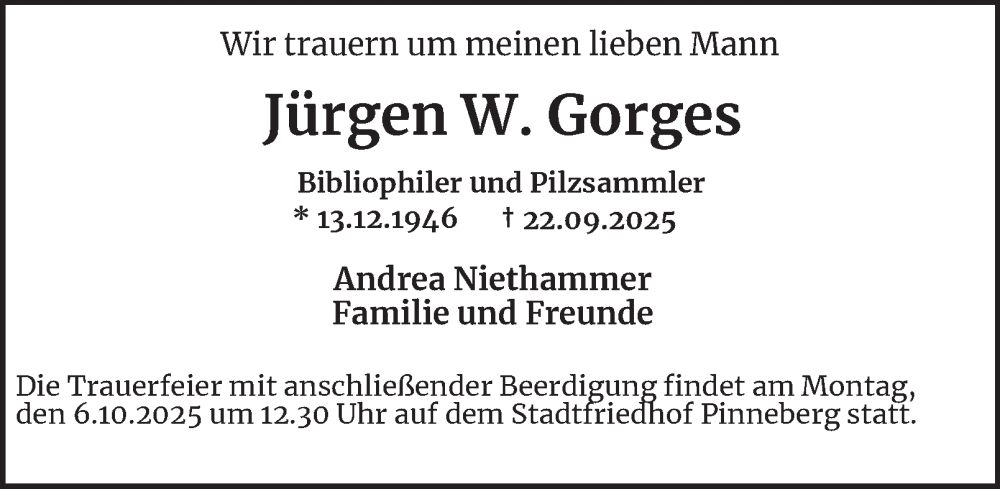  Traueranzeige für Jürgen W. Gorges vom 30.09.2025 aus Hamburger Abendblatt