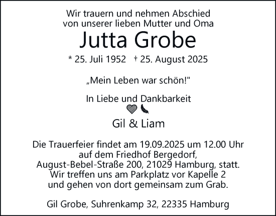 Traueranzeige von Jutta Grobe von Bergedorfer Zeitung