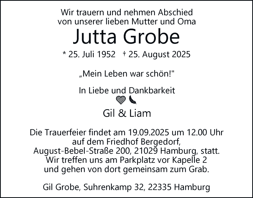  Traueranzeige für Jutta Grobe vom 13.09.2025 aus Bergedorfer Zeitung