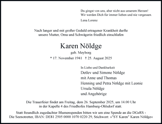 Traueranzeige von Karen Nöldge 