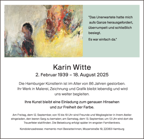 Traueranzeige von Karin Witte von Hamburger Abendblatt
