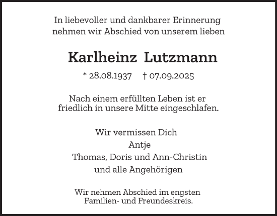 Traueranzeige von Karlheinz Lutzmann von Hamburger Abendblatt
