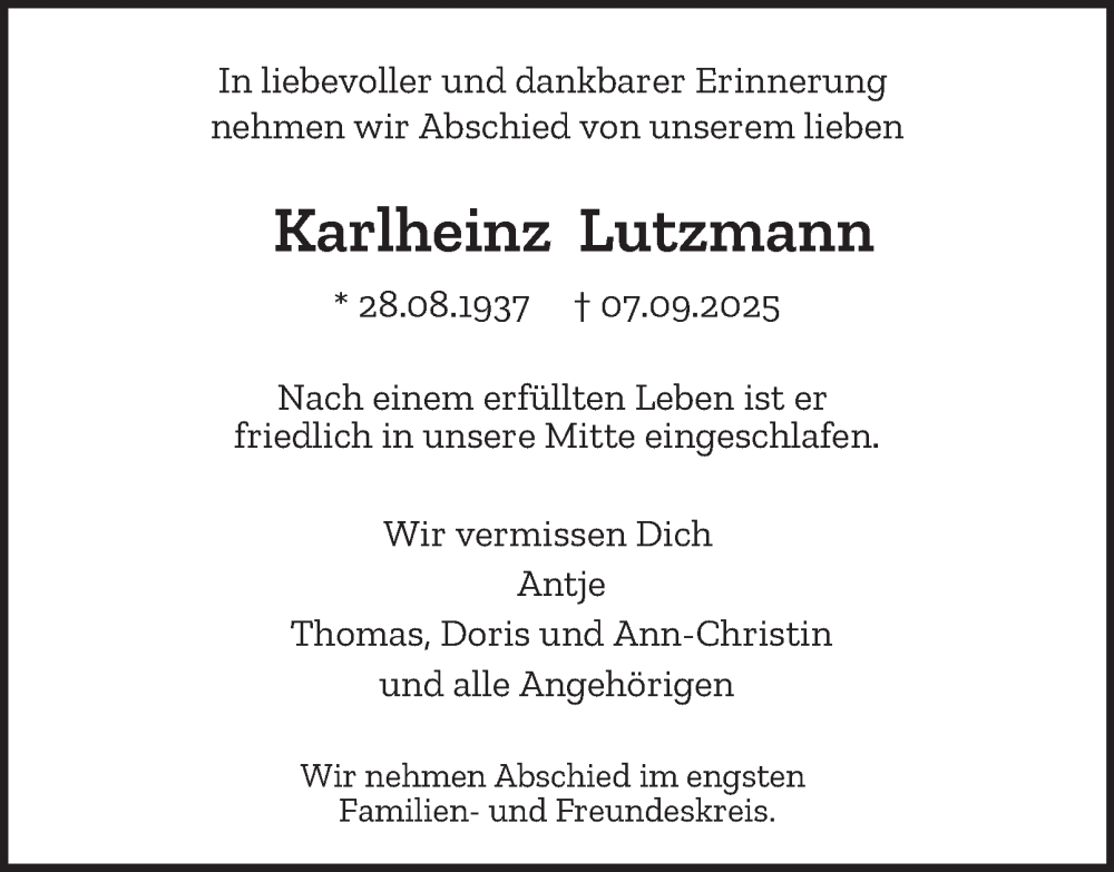 Traueranzeige für Karlheinz Lutzmann vom 27.09.2025 aus Hamburger Abendblatt