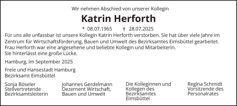  Traueranzeige für Katrin Herforth vom 06.09.2025 aus Hamburger Abendblatt