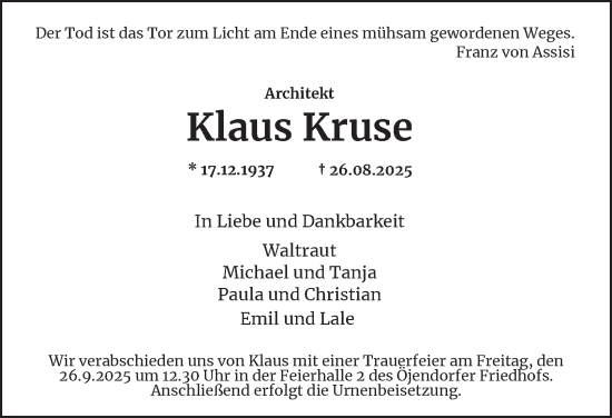 Traueranzeige von Klaus Kruse von Hamburger Abendblatt