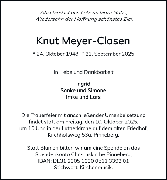 Traueranzeige von Knut Meyer-Clasen von Hamburger Abendblatt