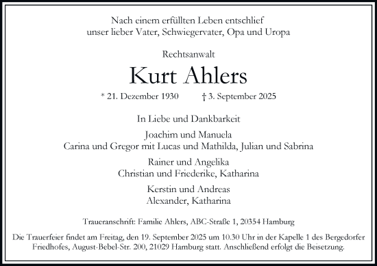 Traueranzeige von Kurt Ahlers von Hamburger Abendblatt