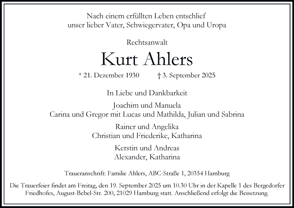  Traueranzeige für Kurt Ahlers vom 13.09.2025 aus Hamburger Abendblatt