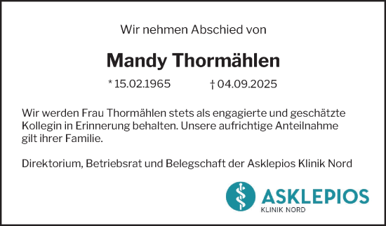 Traueranzeige von Mandy Thormählen von Hamburger Abendblatt