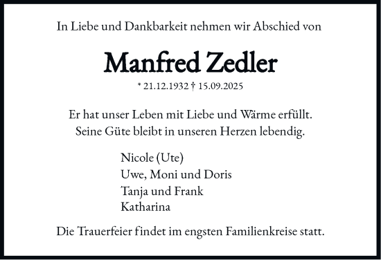 Traueranzeige von Manfred Zedler von Hamburger Abendblatt