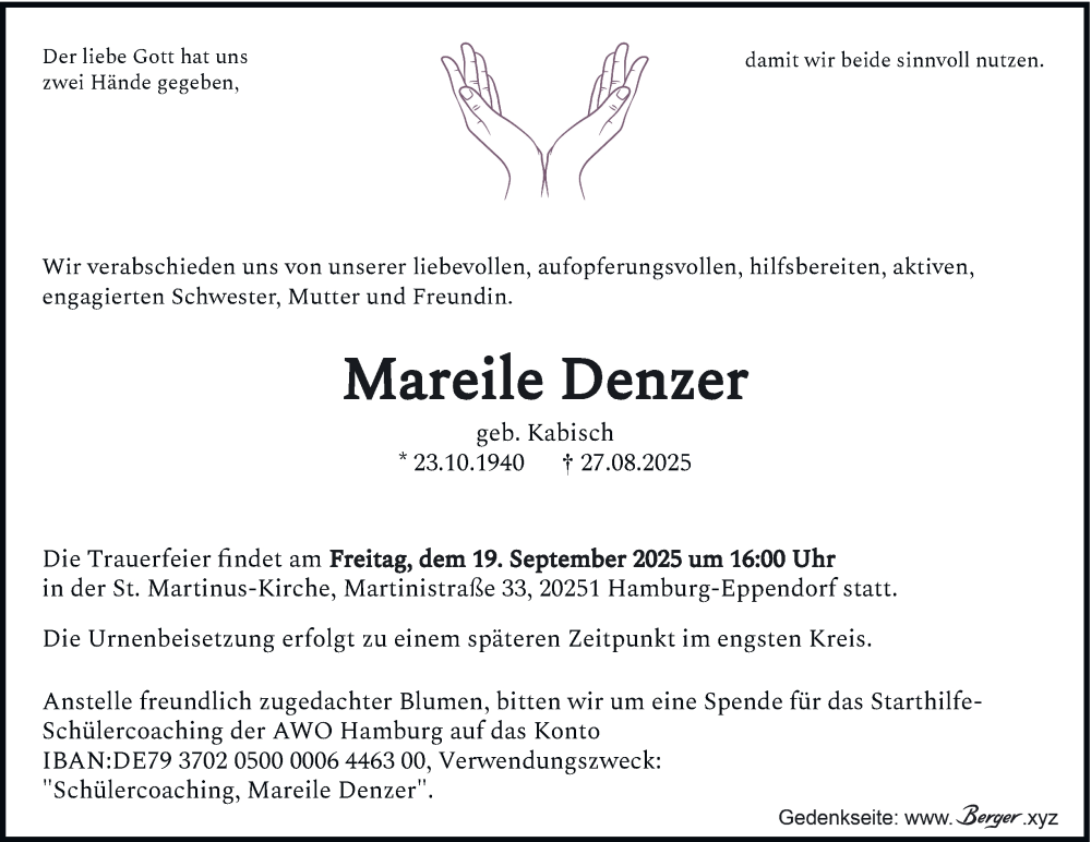  Traueranzeige für Mareile Denzer vom 06.09.2025 aus Hamburger Abendblatt