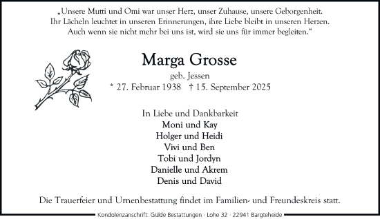 Traueranzeige von Marga Grosse 