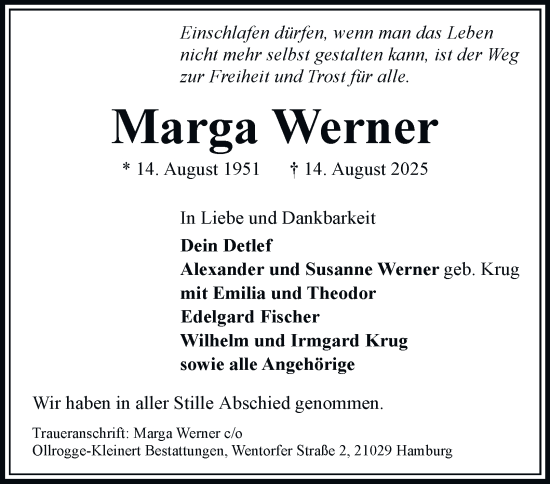 Traueranzeige von Marga Werner von Bergedorfer Zeitung