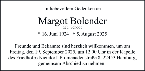 Traueranzeige von Margot Bolender von Hamburger Abendblatt