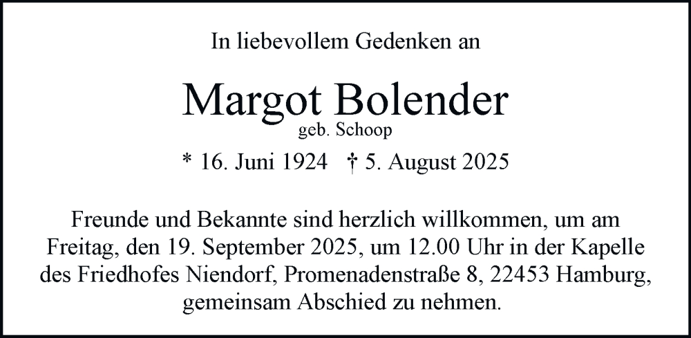  Traueranzeige für Margot Bolender vom 06.09.2025 aus Hamburger Abendblatt