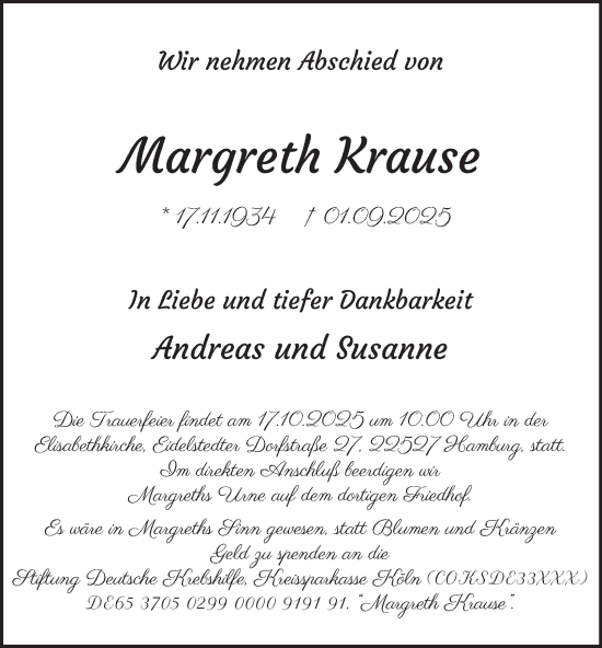Traueranzeige von Margreth Krause 