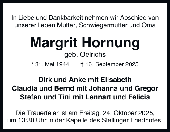 Traueranzeige von Margrit Hornung von Hamburger Abendblatt