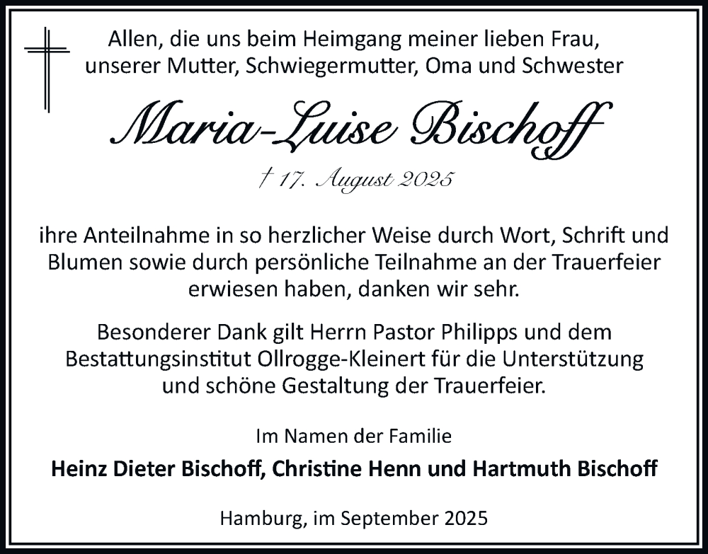  Traueranzeige für Marie-Luise Bischoff vom 06.09.2025 aus Bergedorfer Zeitung