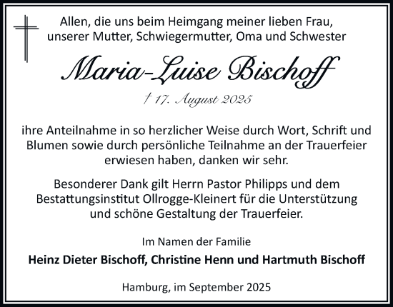 Traueranzeige von Marie-Luise Bischoff von Bergedorfer Zeitung
