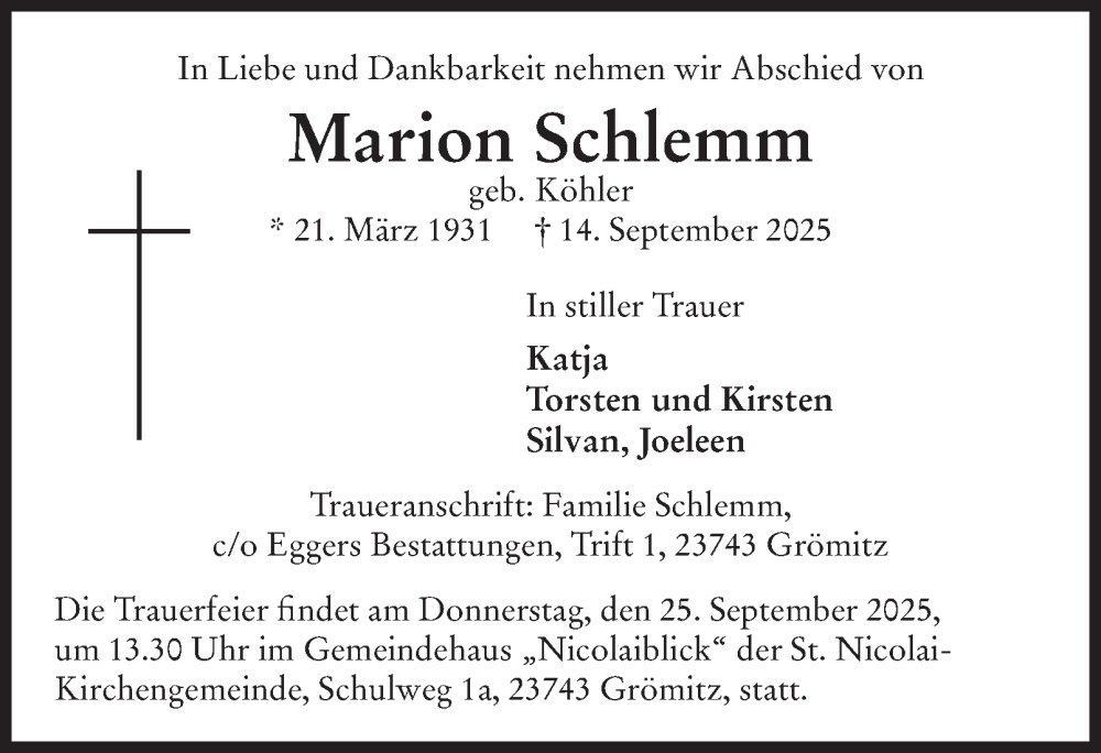  Traueranzeige für Marion Schlemm vom 20.09.2025 aus Hamburger Abendblatt