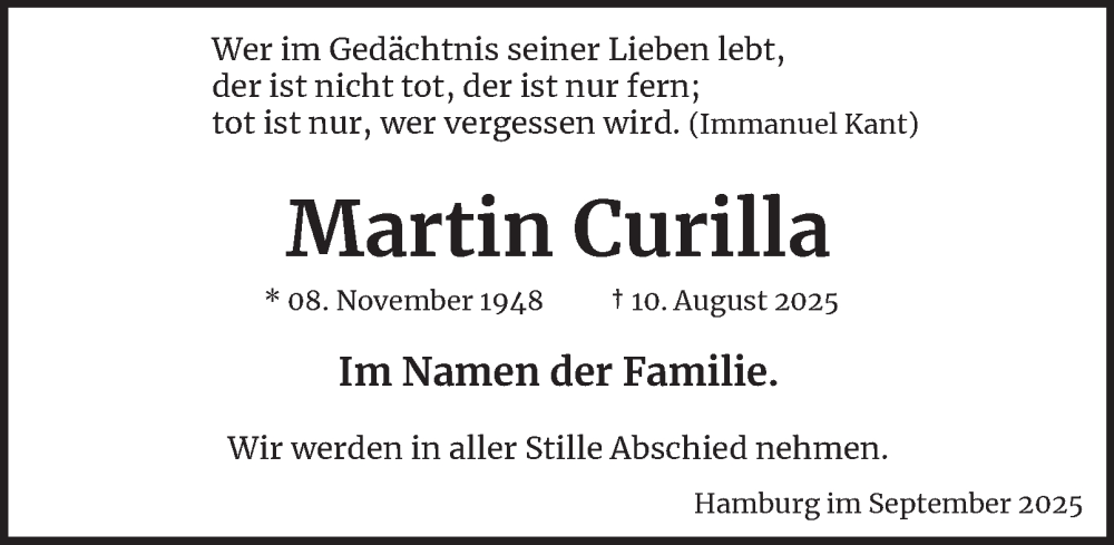  Traueranzeige für Martin Curilla vom 13.09.2025 aus 