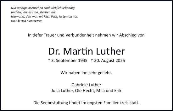 Traueranzeige von Martin Luther von Hamburger Abendblatt