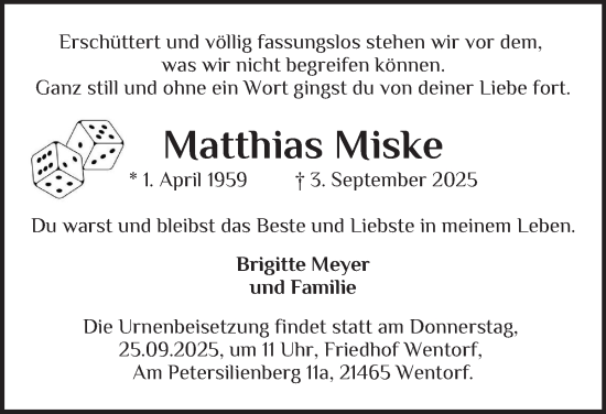 Traueranzeige von Matthias Miske von Bergedorfer Zeitung