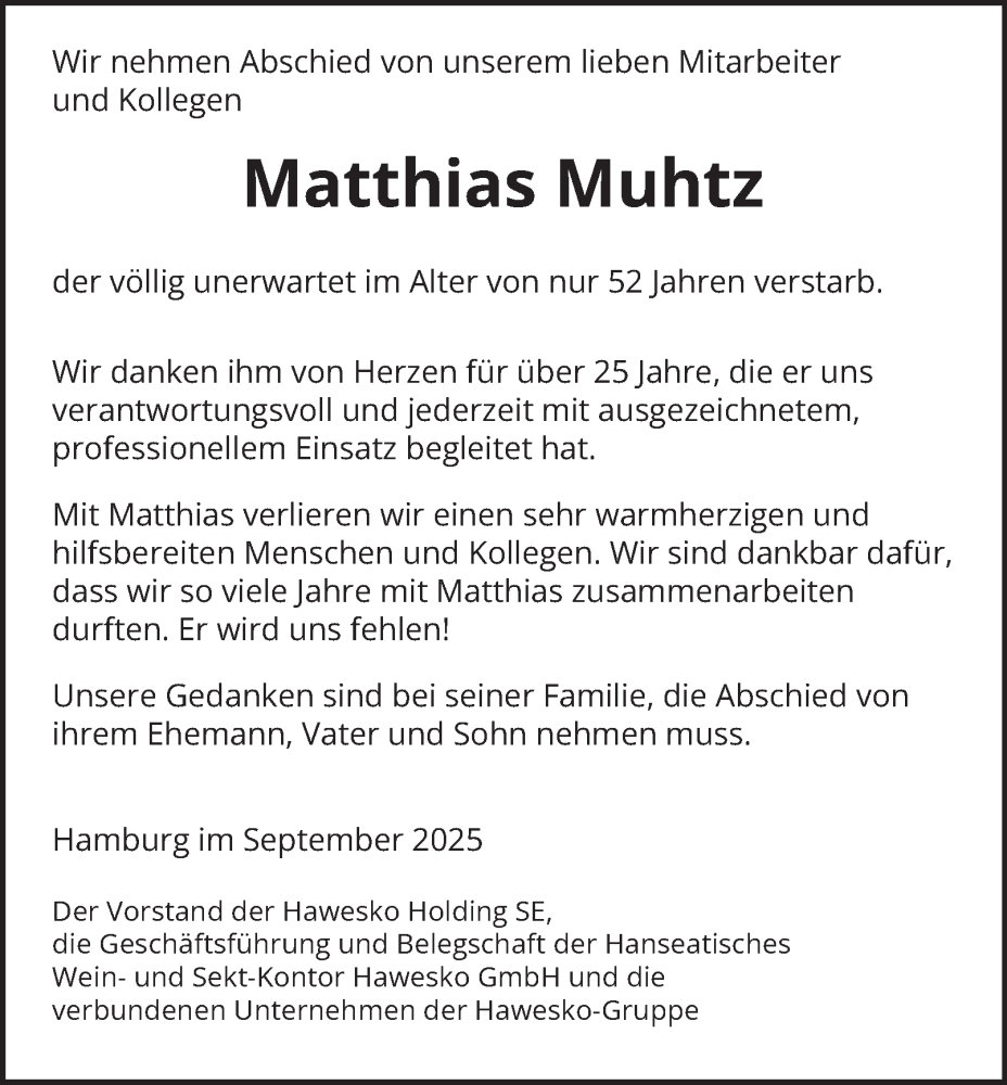  Traueranzeige für Matthias Muhtz vom 27.09.2025 aus 